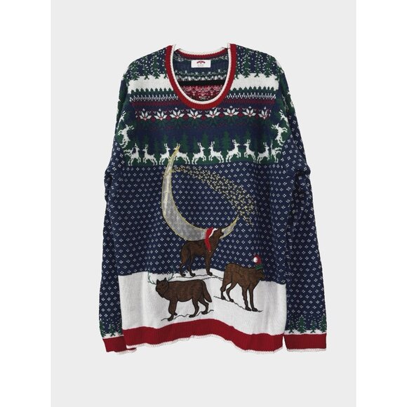 Mens Ugly Christmas Sweater 2XL Wolves Reindeer Moon Holiday Winter Cozy Funny - Picture 1 of 9